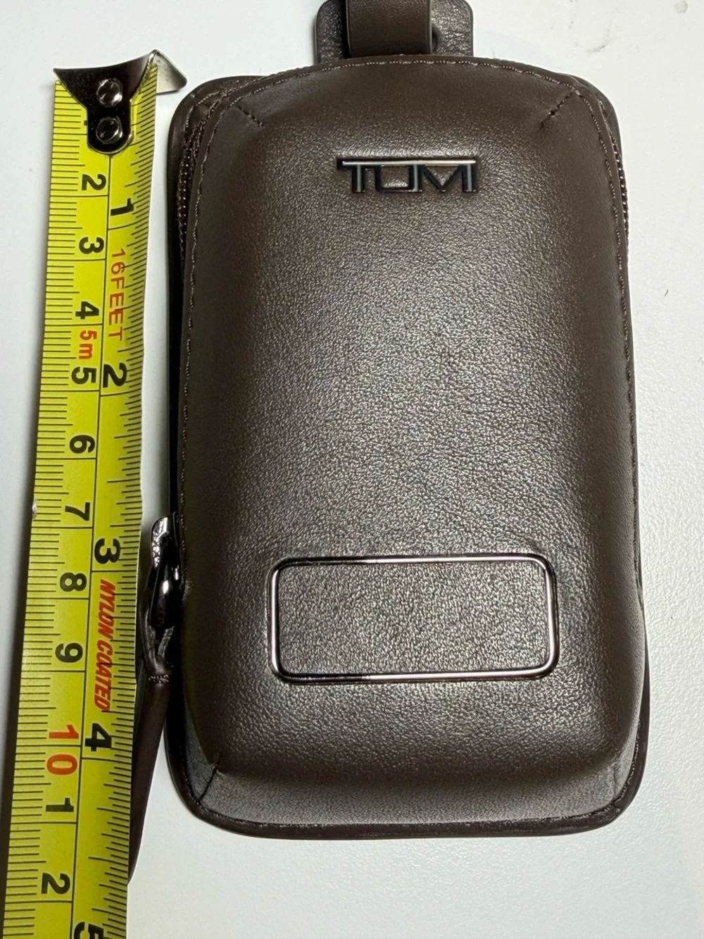 Tumi Dark Brown Leather Earbuds Travel ID Hangtag with Strap